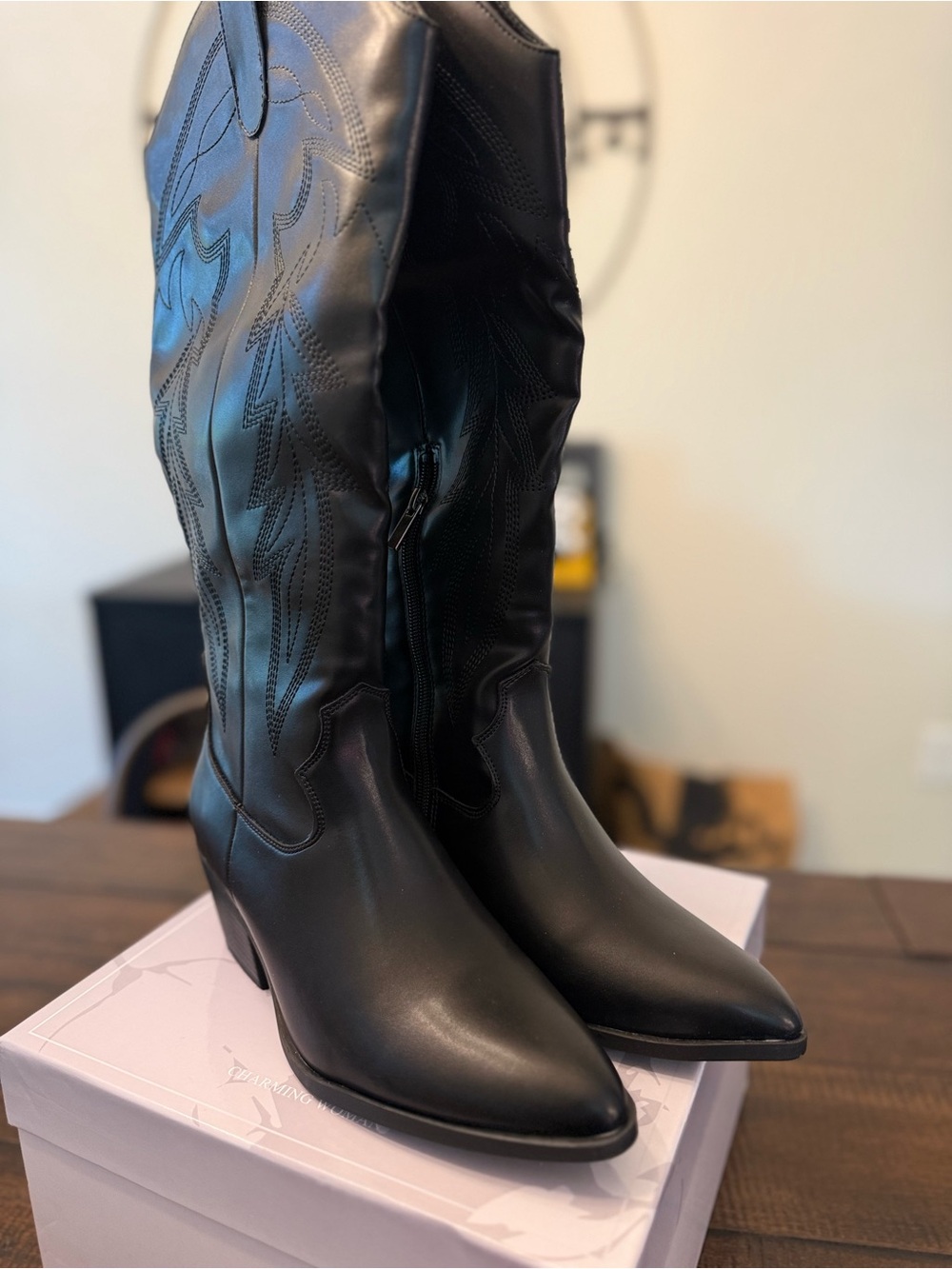Black Knee-High Western Boots with Pointed Toe